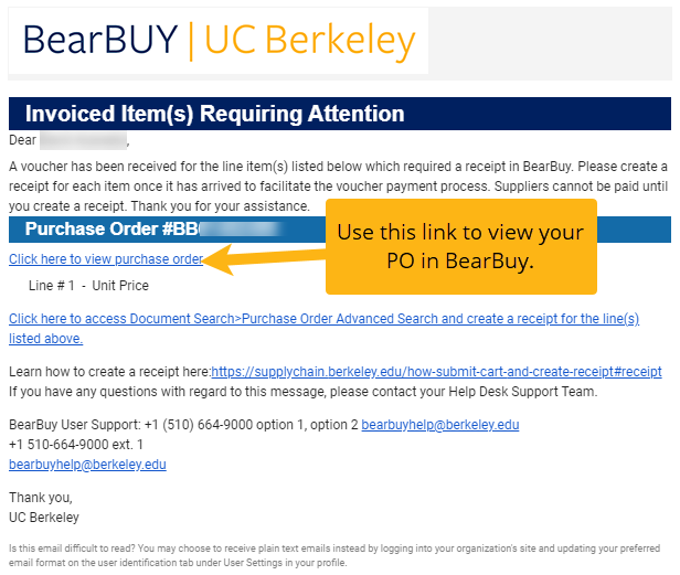 Screenshot of where to link to click in BearBUY receipt notification