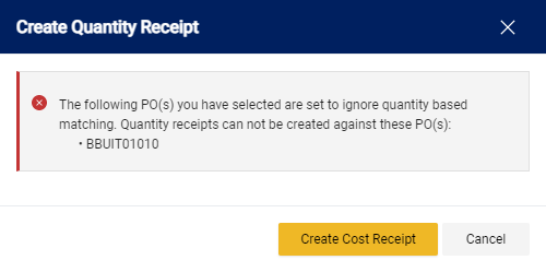 Screenshot of Create Cost Receipt error
